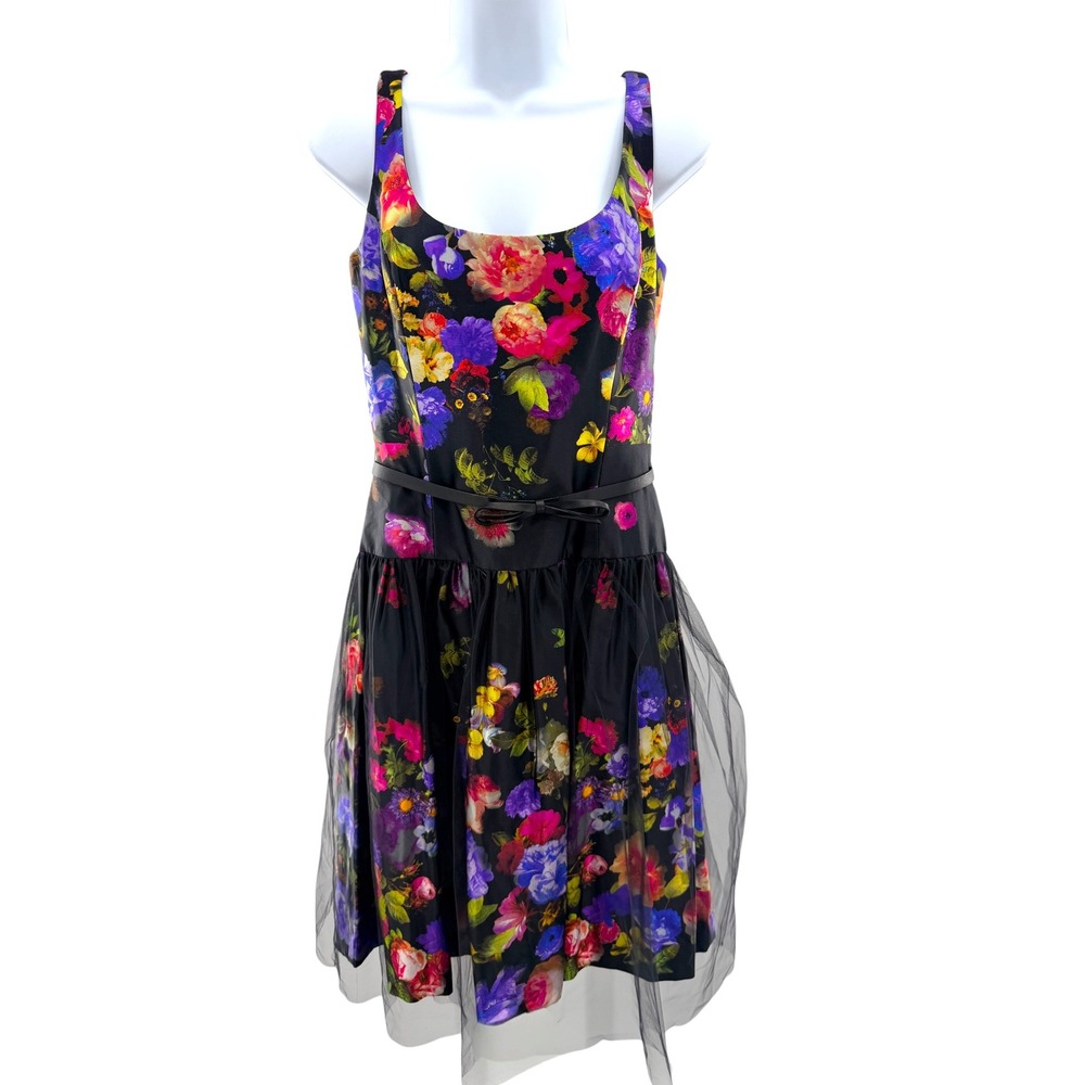 Milly Natalie Floral Cocktail‎ Dress Black Multi Tulle Skirt Bow Belt 10 NEW